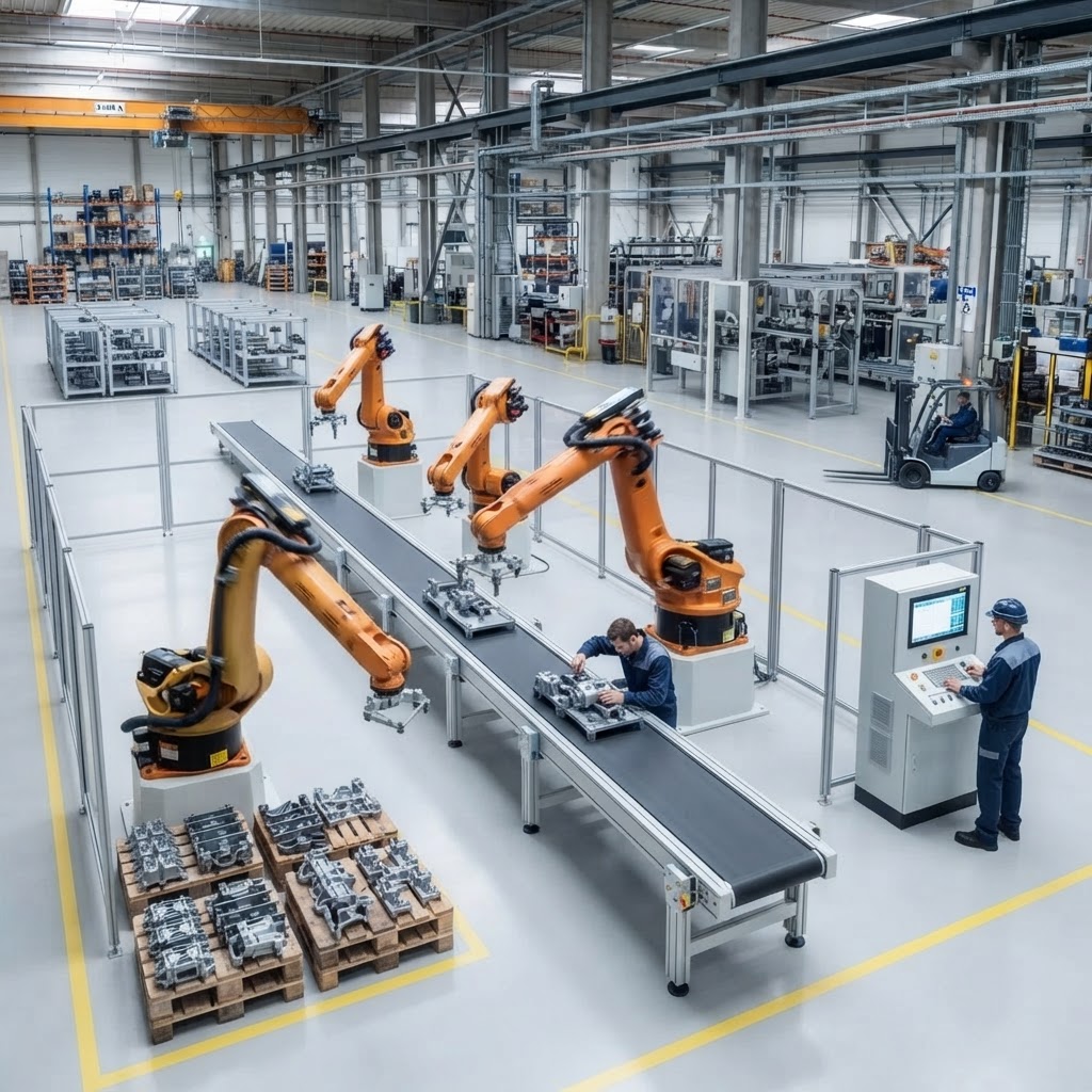 Robotic arms working a parts line on a factory floor