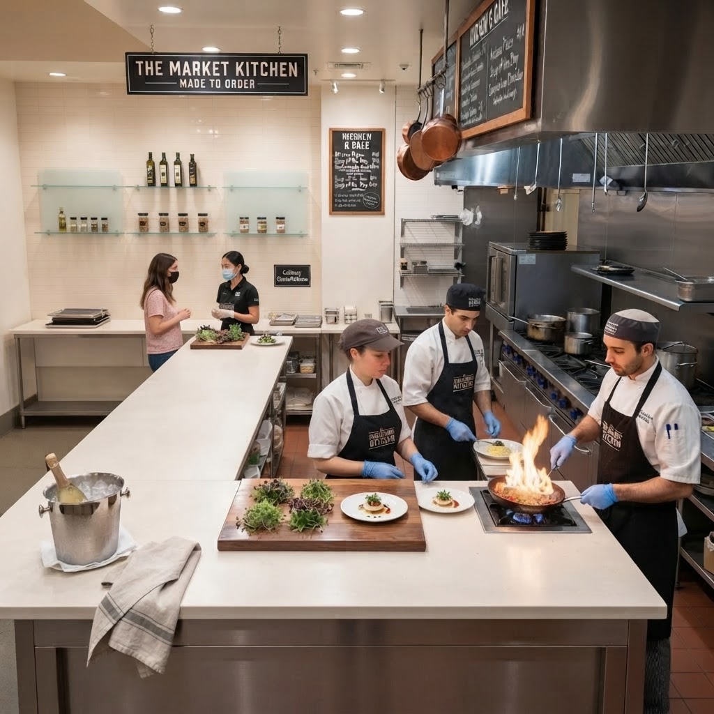 Line cooks plating dishes in a commercial kitchen